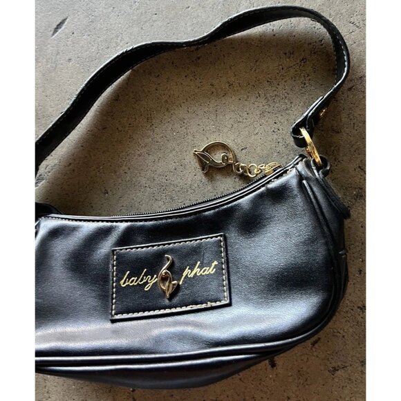 Vintage Baby Phat Mini Shoulder Handbag Black Leather Stone Logo Gold Charm RARE - Picture 3 of 16